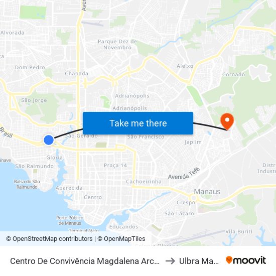 Centro De Convivência Magdalena Arce Daou C/B to Ulbra Manaus map