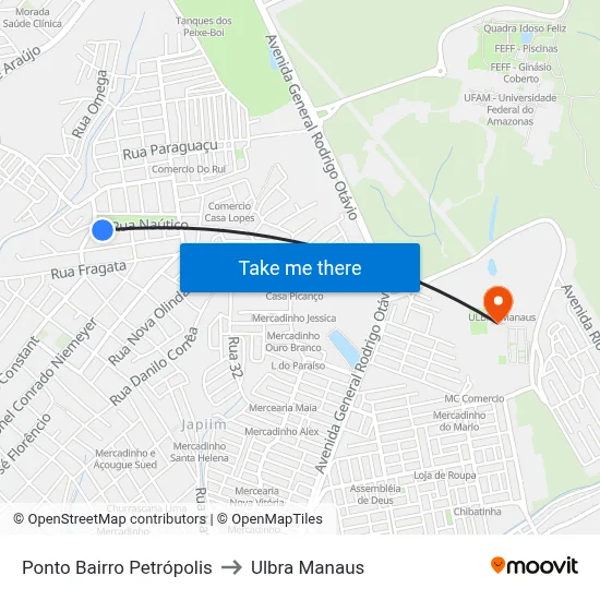 Ponto Bairro Petrópolis to Ulbra Manaus map
