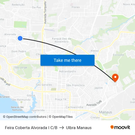 Feira Coberta Alvorada I C/B to Ulbra Manaus map
