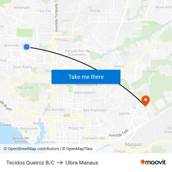 Tecidos Queiroz B/C to Ulbra Manaus map
