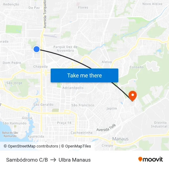Sambódromo C/B to Ulbra Manaus map