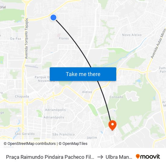 Praça Raimundo Pindaira Pacheco Filho B/C to Ulbra Manaus map