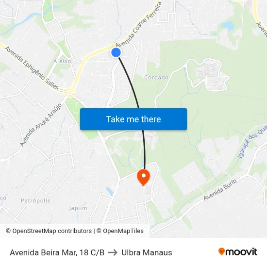 Avenida Beira Mar, 18 C/B to Ulbra Manaus map