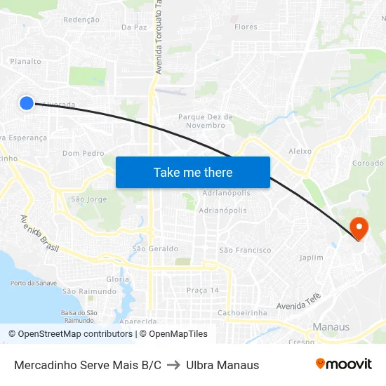 Mercadinho Serve Mais B/C to Ulbra Manaus map