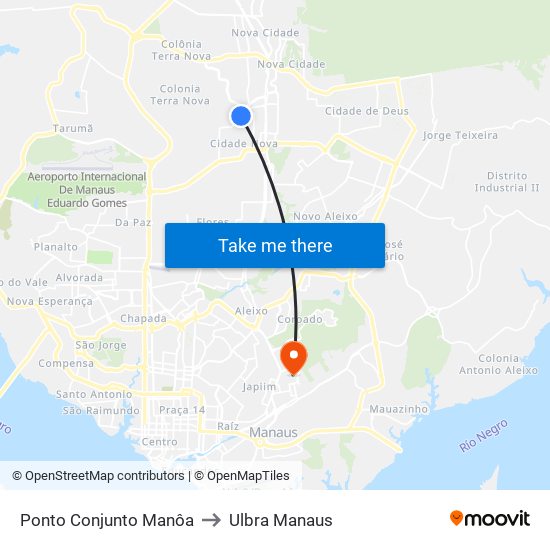 Ponto Conjunto Manôa to Ulbra Manaus map