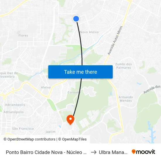 Ponto Bairro Cidade Nova - Núcleo 15 to Ulbra Manaus map