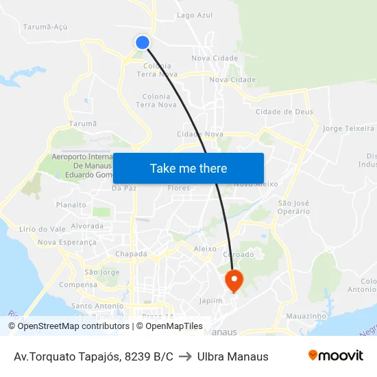 Av.Torquato Tapajós, 8239 B/C to Ulbra Manaus map