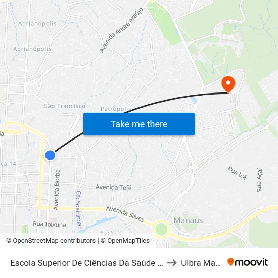 Escola Superior De Ciências Da Saúde - U.E.A. B/C to Ulbra Manaus map