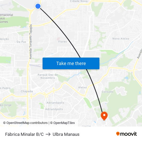 Fábrica Minalar B/C to Ulbra Manaus map