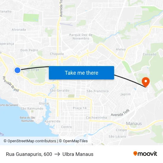 Rua Guanapuris, 600 to Ulbra Manaus map