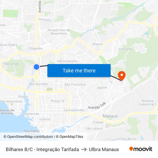Bilhares B/C - Integração Tarifada to Ulbra Manaus map