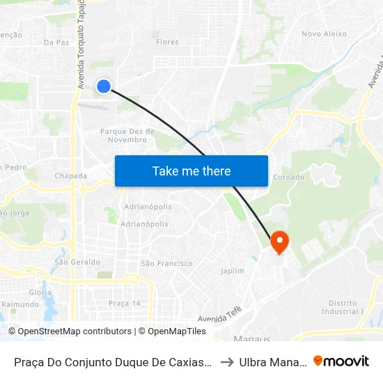 Praça Do Conjunto Duque De Caxias B/C to Ulbra Manaus map