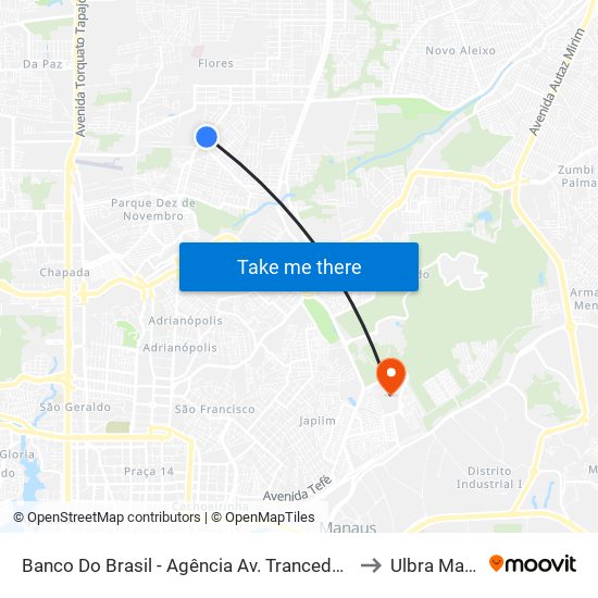 Banco Do Brasil - Agência Av. Trancedo Neves C/B to Ulbra Manaus map