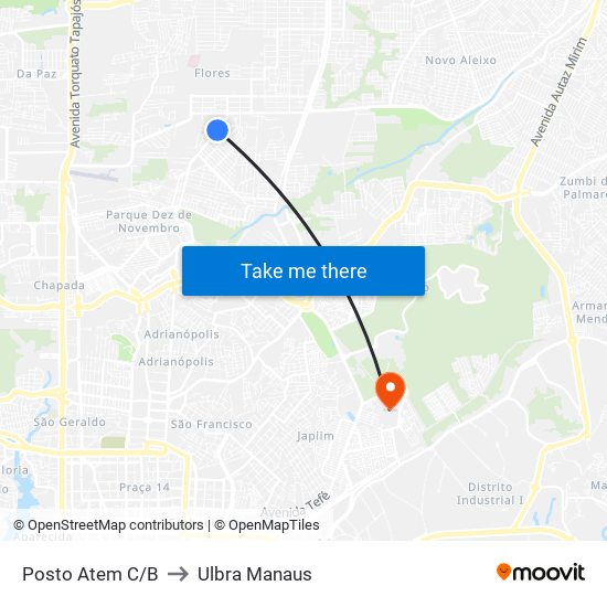 Posto Atem C/B to Ulbra Manaus map