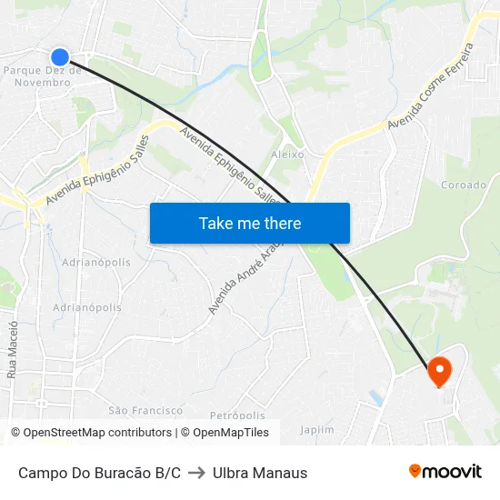 Campo Do Buracão B/C to Ulbra Manaus map