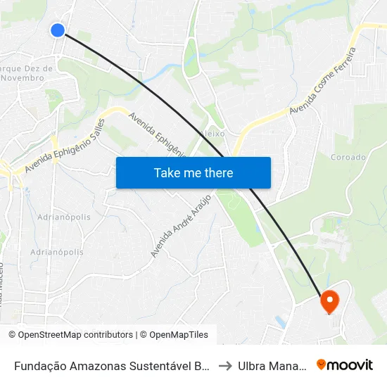 Fundação Amazonas Sustentável B/C to Ulbra Manaus map