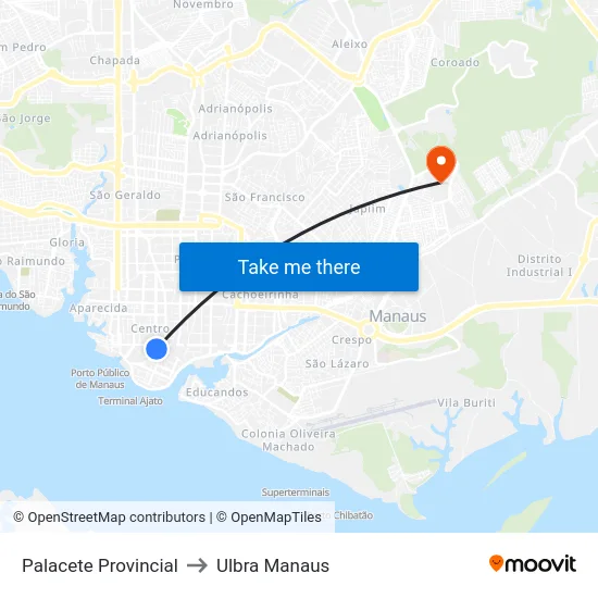 Palacete Provincial to Ulbra Manaus map
