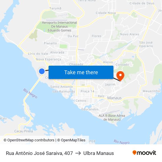 Rua Antônio José Saraiva, 407 to Ulbra Manaus map