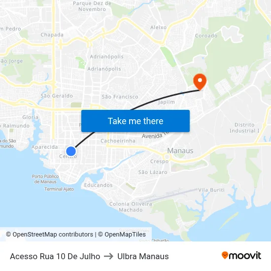 Acesso Rua 10 De Julho to Ulbra Manaus map
