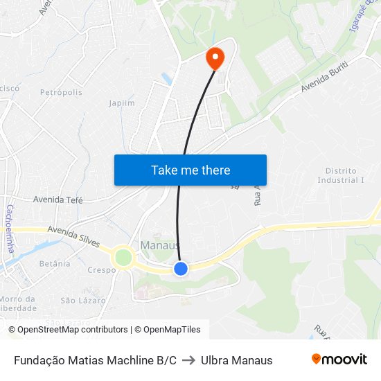 Fundação Matias Machline B/C to Ulbra Manaus map