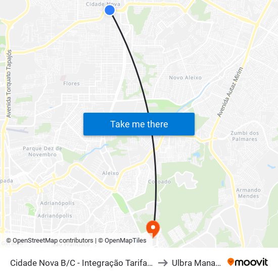 Cidade Nova B/C - Integração Tarifada to Ulbra Manaus map