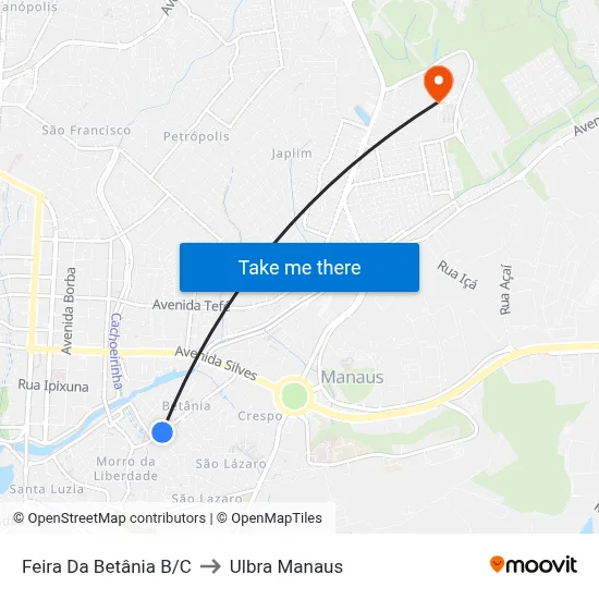 Feira Da Betânia B/C to Ulbra Manaus map