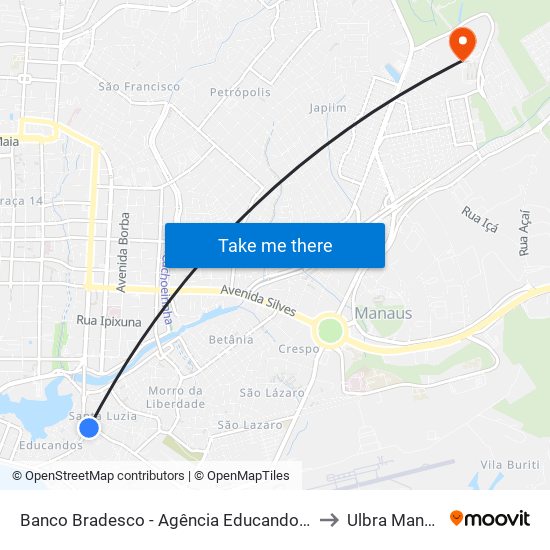 Banco Bradesco - Agência Educandos C/B to Ulbra Manaus map