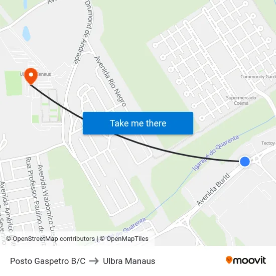 Posto Gaspetro B/C to Ulbra Manaus map