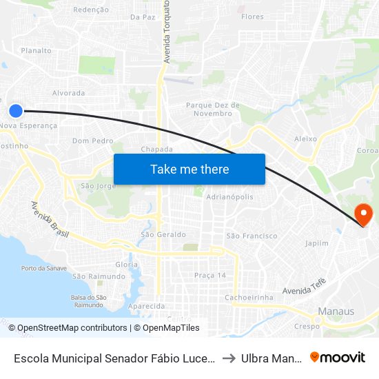 Escola Municipal Senador Fábio Lucena B/C to Ulbra Manaus map