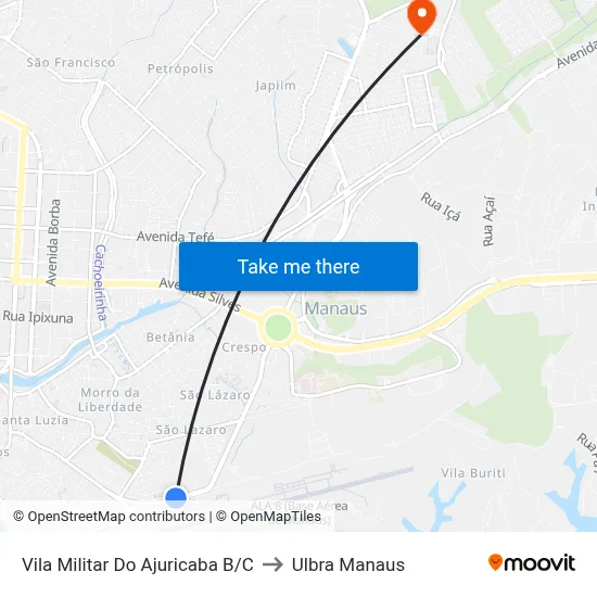 Vila Militar Do Ajuricaba B/C to Ulbra Manaus map
