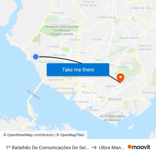 1º Batalhão De Comunicações De Selva C/B to Ulbra Manaus map