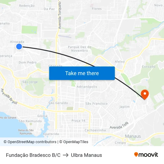 Fundação Bradesco B/C to Ulbra Manaus map