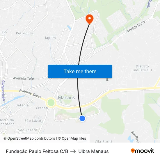 Fundação Paulo Feitosa C/B to Ulbra Manaus map