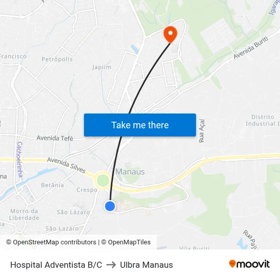 Hospital Adventista B/C to Ulbra Manaus map