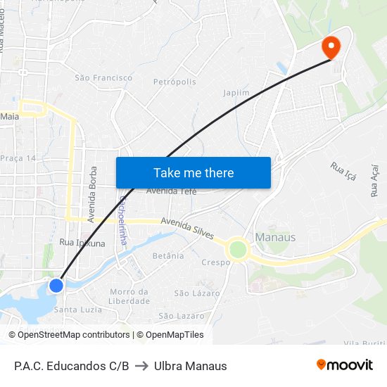 P.A.C. Educandos C/B to Ulbra Manaus map