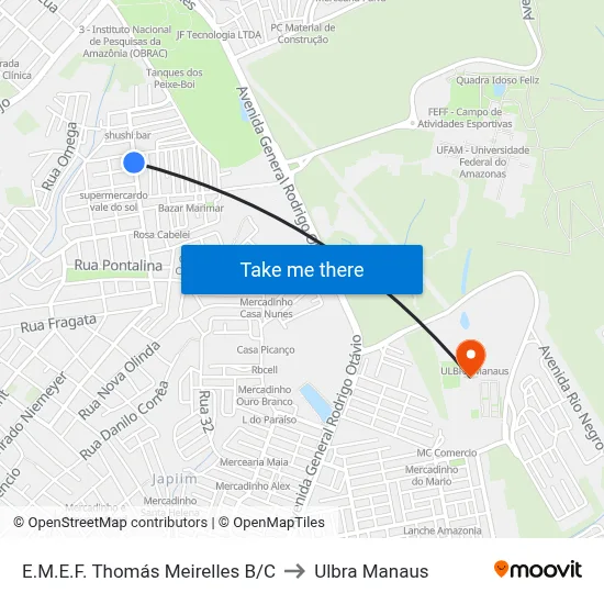 E.M.E.F. Thomás Meirelles B/C to Ulbra Manaus map