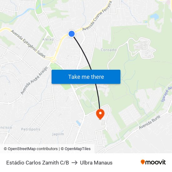 Estádio Carlos Zamith C/B to Ulbra Manaus map