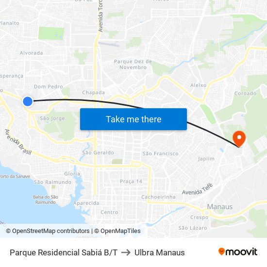 Parque Residencial Sabiá B/T to Ulbra Manaus map