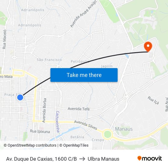 Av. Duque De Caxias, 1600 C/B to Ulbra Manaus map