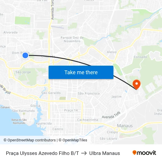 Praça Ulysses Azevedo Filho B/T to Ulbra Manaus map