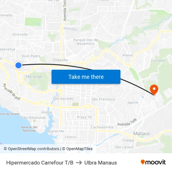 Hipermercado Carrefour T/B to Ulbra Manaus map