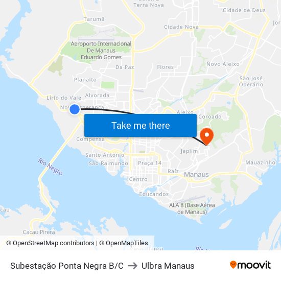 Subestação Ponta Negra B/C to Ulbra Manaus map