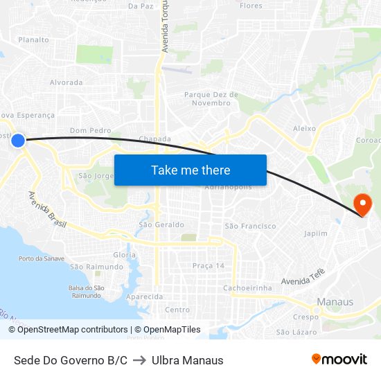 Sede Do Governo B/C to Ulbra Manaus map