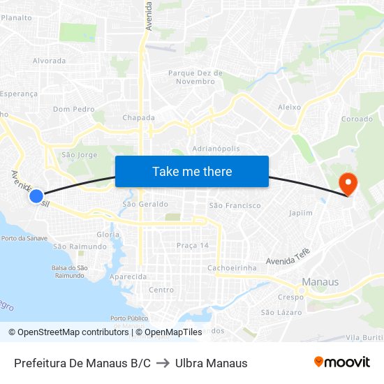 Prefeitura De Manaus B/C to Ulbra Manaus map
