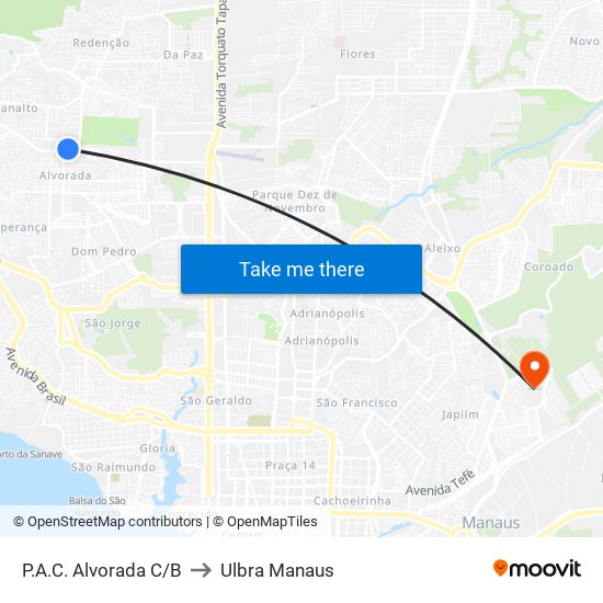P.A.C. Alvorada C/B to Ulbra Manaus map