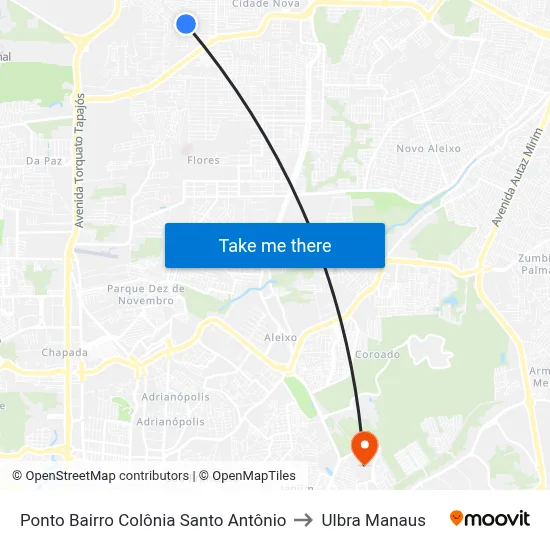 Ponto Bairro Colônia Santo Antônio to Ulbra Manaus map