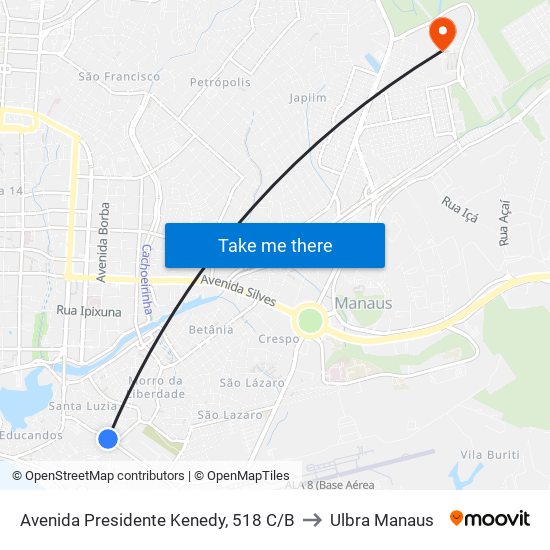 Avenida Presidente Kenedy, 518 C/B to Ulbra Manaus map