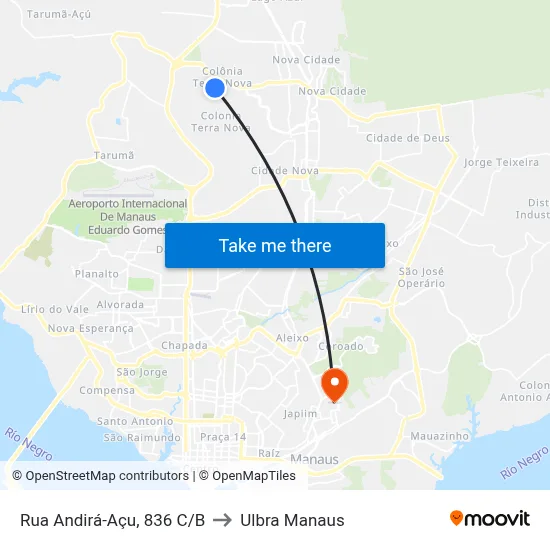 Rua Andirá-Açu, 836 C/B to Ulbra Manaus map