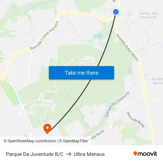 Parque Da Juventude B/C to Ulbra Manaus map