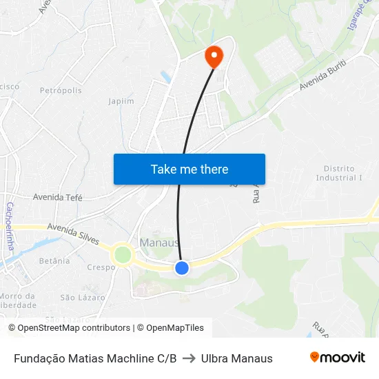 Fundação Matias Machline C/B to Ulbra Manaus map